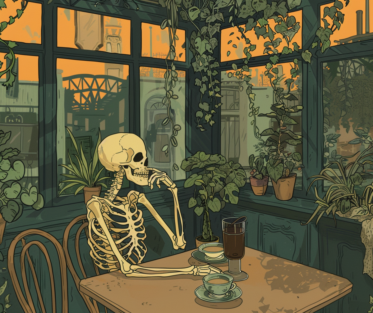 Design: Skeleton Drinking Coffee in Paris Cafe