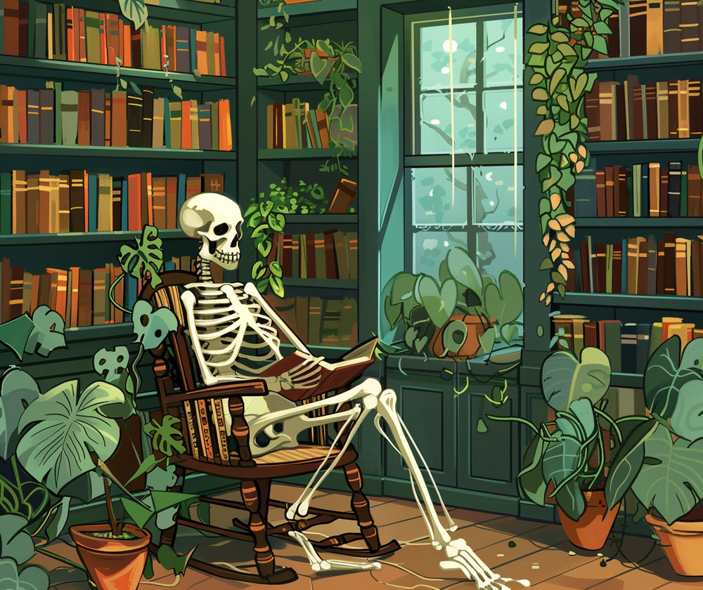 Skeleton Reading in Library 15oz Coffee Mug, Cottagecore Design, Gothic Folk Style Lover Tea Mug, Gift For Her, Black Handle