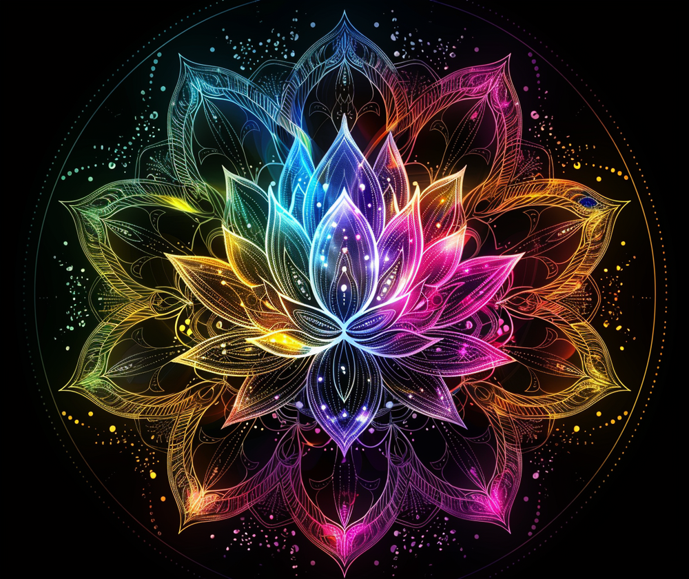 Luminous Lotus Round Chenille Area Rug, Vibrant Energy Motif, Radiant Floral Mandala, Cosmic Bloom Design, Ethereal Color Spectrum Decor
