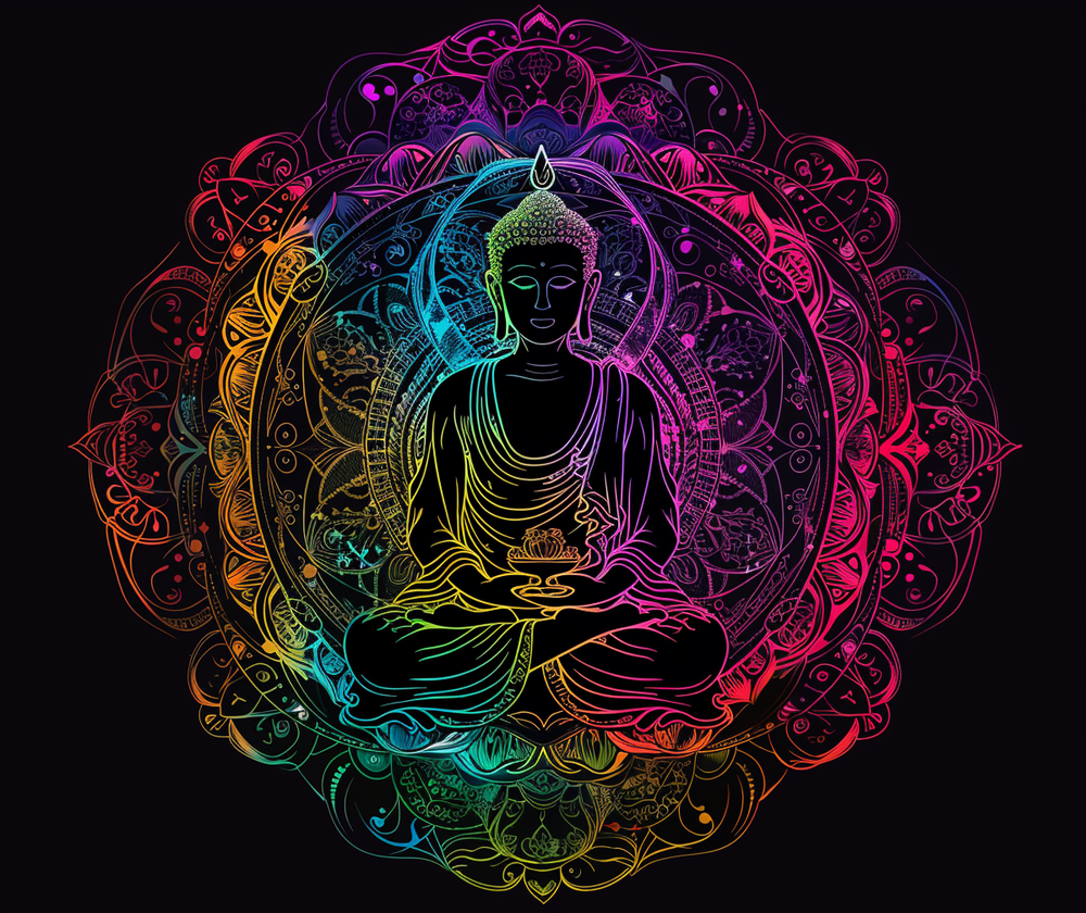 Buddha's Serene Mandala Indoor Wall Tapestry, Neon Enlightenment Motif, Spiritual Radiance, Zen Circle Design, Vibrant Meditation Wall Art