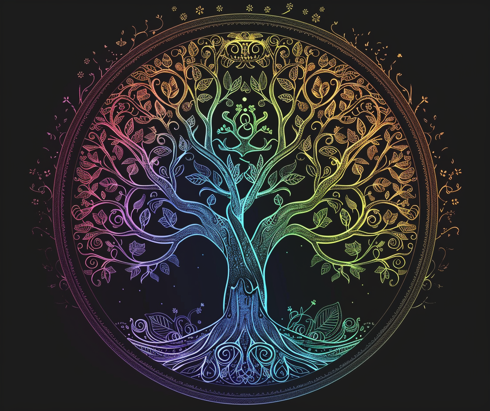 Mystic Arbor Round Chenille Area Rug, Enchanted Tree of Life Motif, Magical Spectrum Design, Folklore Forest Decor, Radiant Nature Art