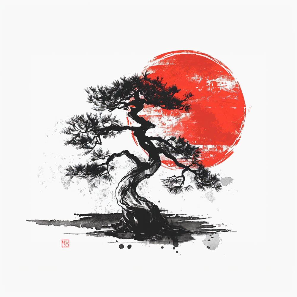 Traditional Chinese Bonsai & Red Sun Wall Tapestry, Elegant Ink Wash Style Art, Serene Zen Decor for Home, Bedroom, Living Space, and Dorms