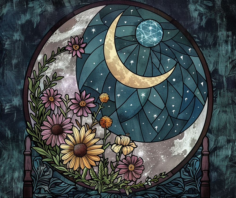 Enchanted Night Blooms & Crescent Moon Wall Tapestry, Stained Glass Style Floral Art, Mystic Decor for Peaceful & Dreamy Spaces