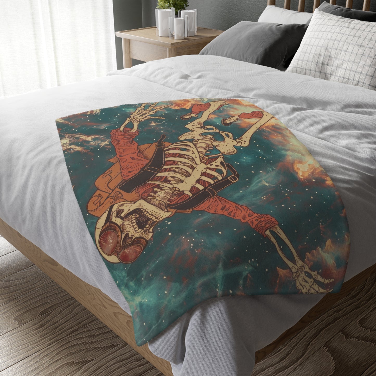 Sky Diving Skeleton Double Sided Throw Blanket (3 Sizes), Dark Cottagecore Design, Gothic Street Art Aesthetic Bedroom, Living, and Dorm Room Decor