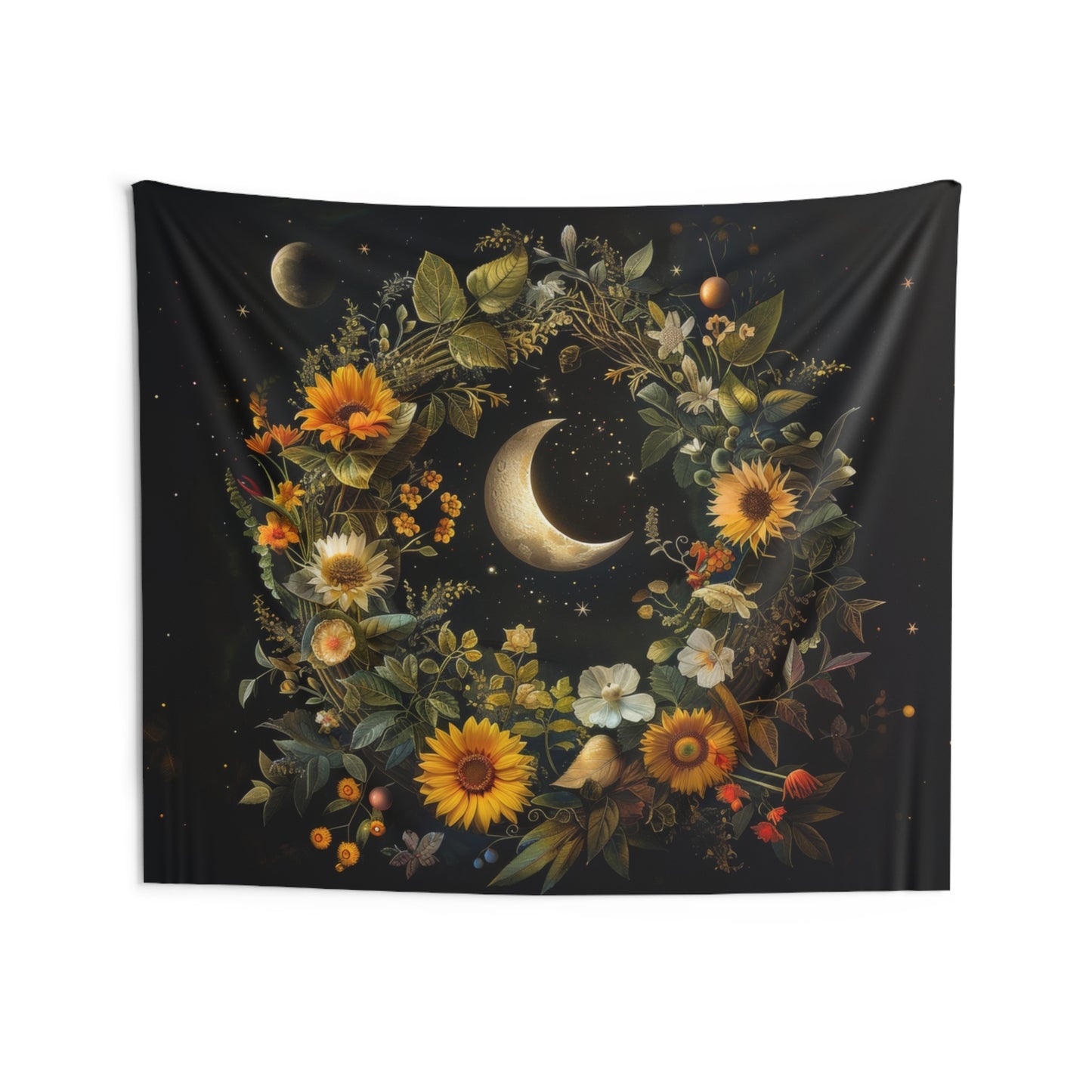 Crescent Moon & Wildflower Mandala Indoor Wall Tapestry, Dark Cottagecore Design, Nature Aesthetic Bedroom, Living, and Dorm Room Decor