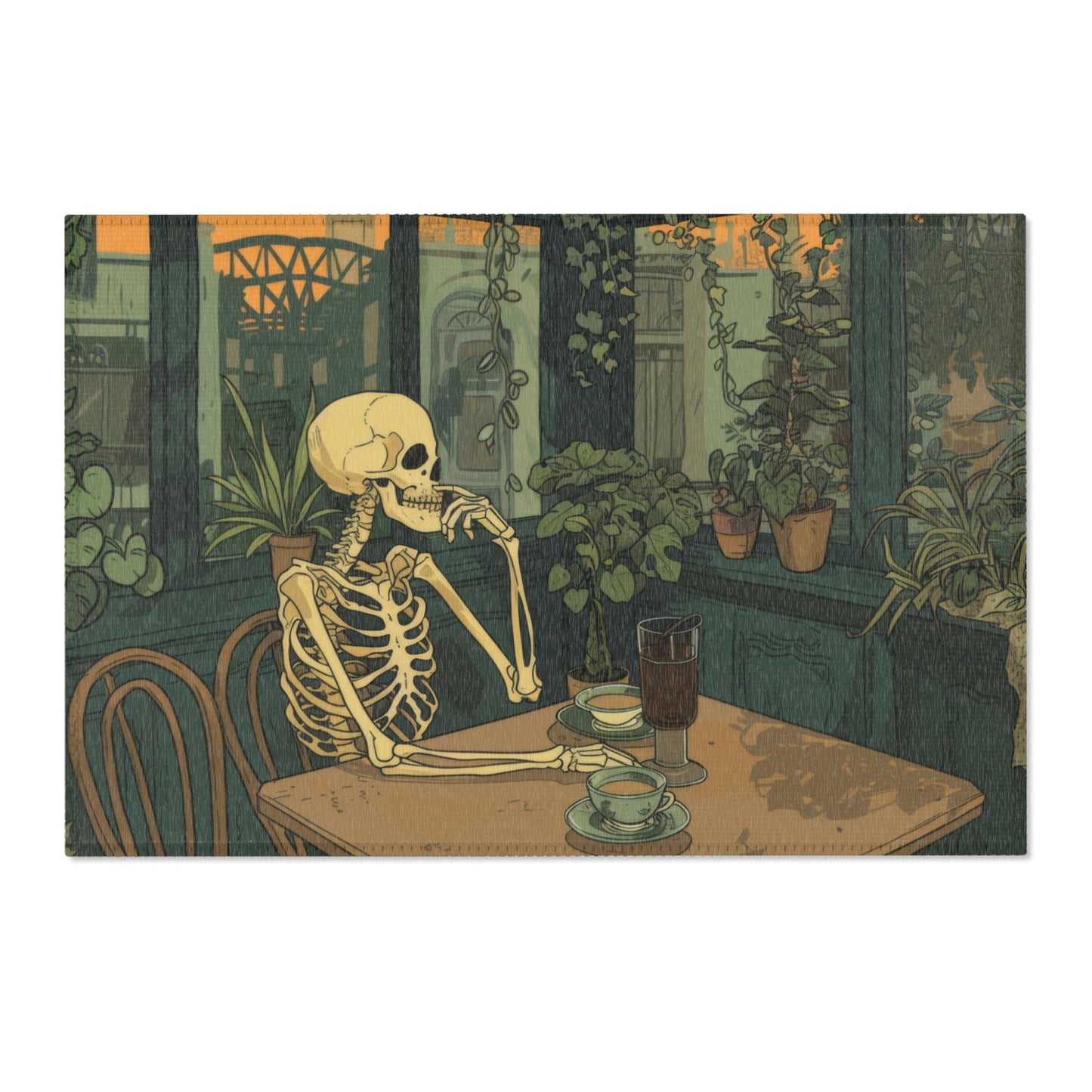 Skeleton Drinking Coffee in Paris Cafe Chenille Area Rug (3 Sizes), Cottagecore Design, Cozy Romantic Aesthetic Bedroom, Living, and Dorm Room Decor