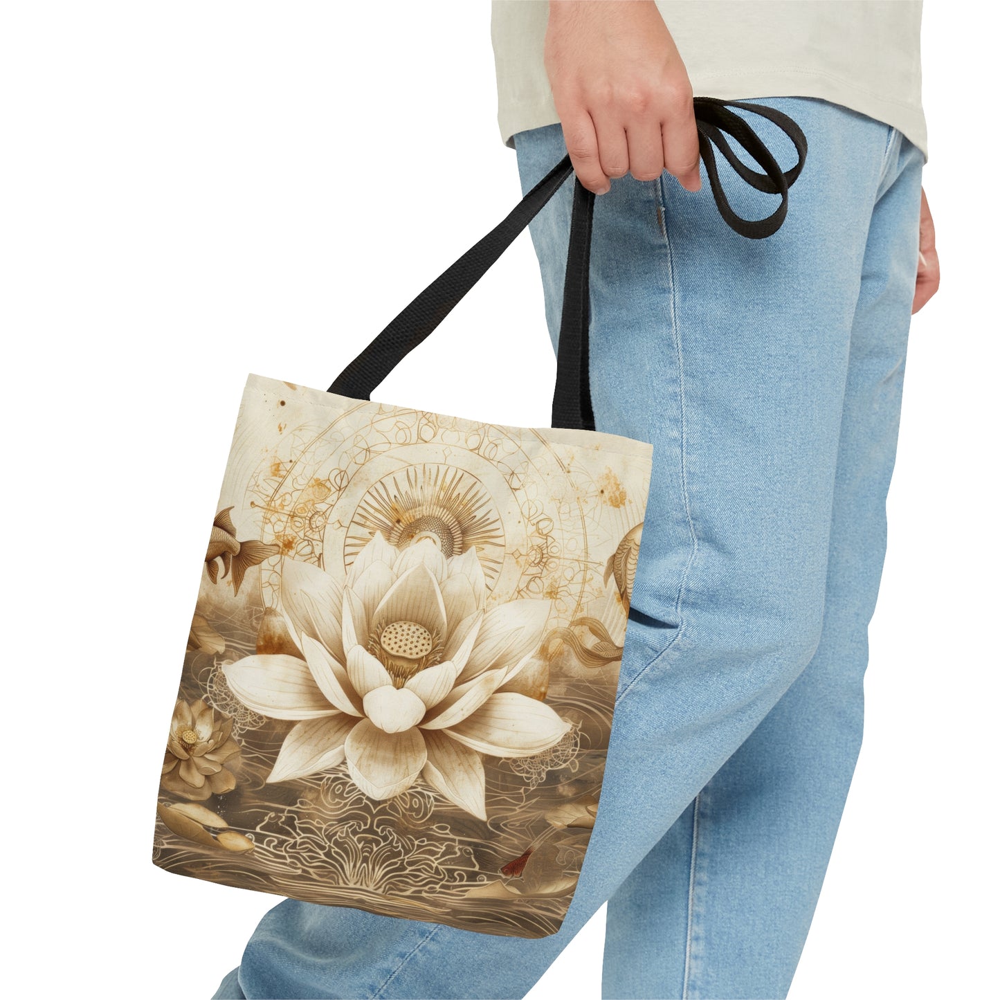 White Lotus Blossom Double Sided Tote Bag, Ancient Occult Aesthetic, Zen Nature Fashion Style, 3 Sizes, Black Handles