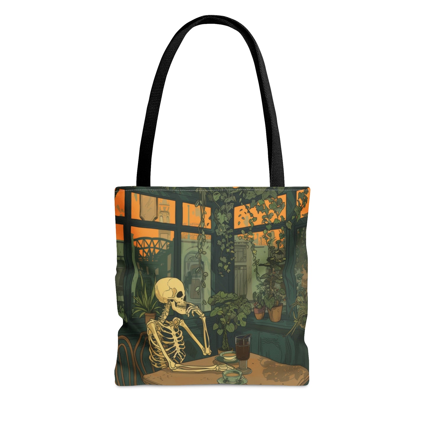 Skeleton Drinking Coffee in Paris Cafe Polyester Tote Bag (Double Sided), Cottagecore Design, Cozy Romantic Style Fashion, 3 Sizes, Black Handles