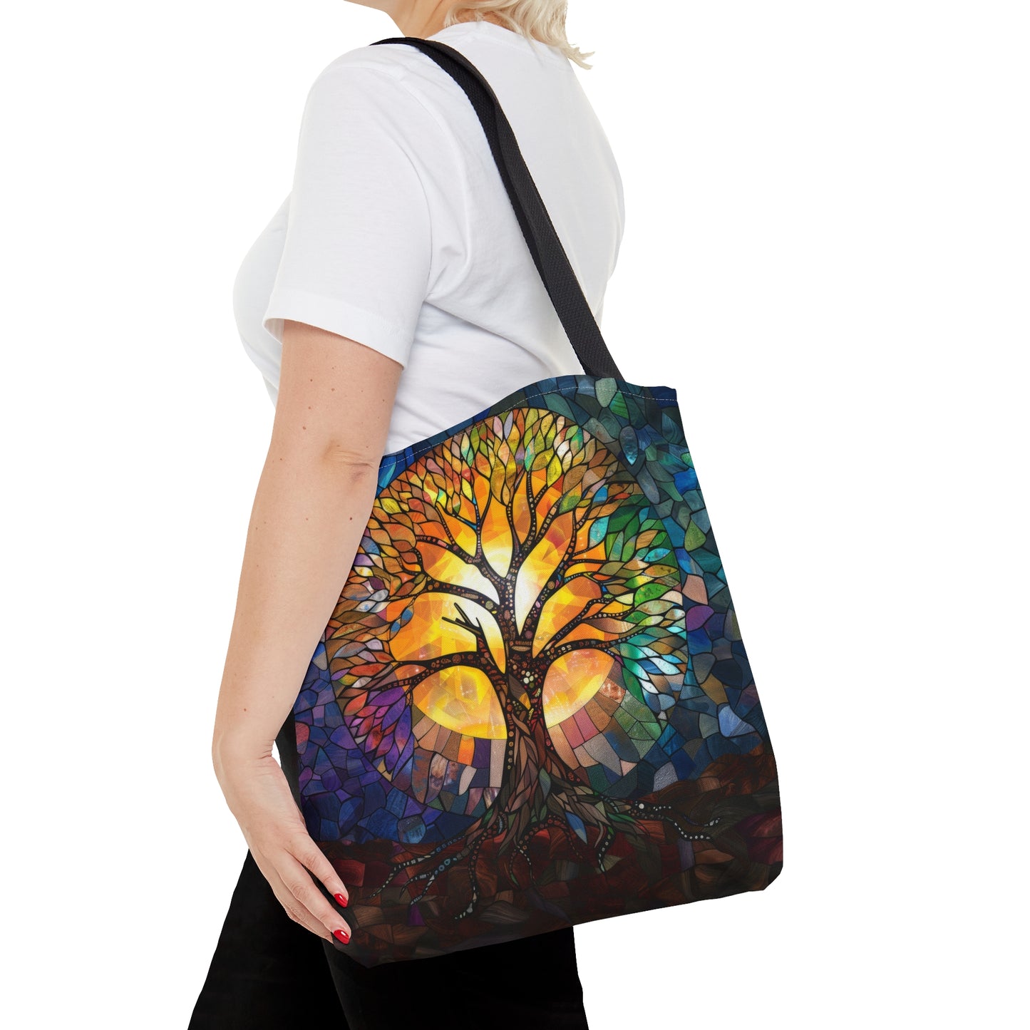 Tree of Life Stained Glass Art Tote Bag with Black Handles, Enchanting Nature Design, Multipurpose Bag for Everyday Elegance & Shopping