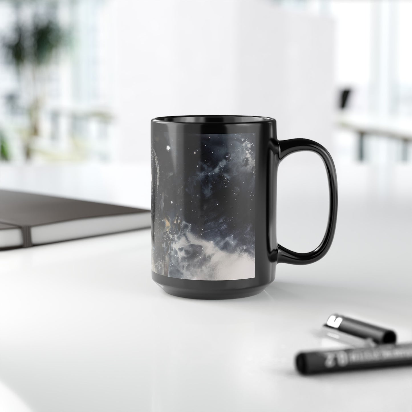 Nyx’s Nocturne 15oz Black Ceramic Mug, Greek Goddess of Night Design, Starlit Elegance, Cosmic Serenity Sipware