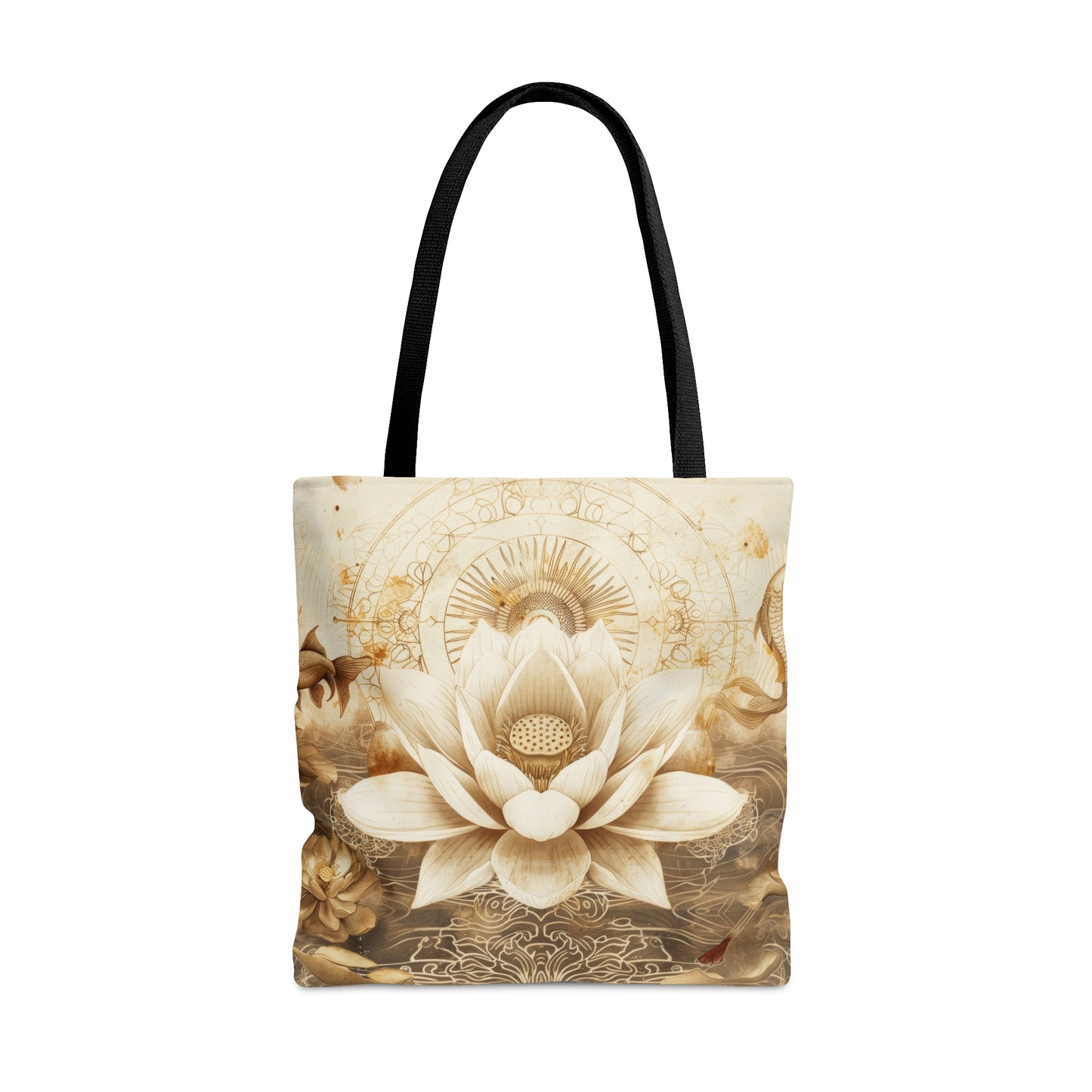White Lotus Blossom Double Sided Tote Bag, Ancient Occult Aesthetic, Zen Nature Fashion Style, 3 Sizes, Black Handles