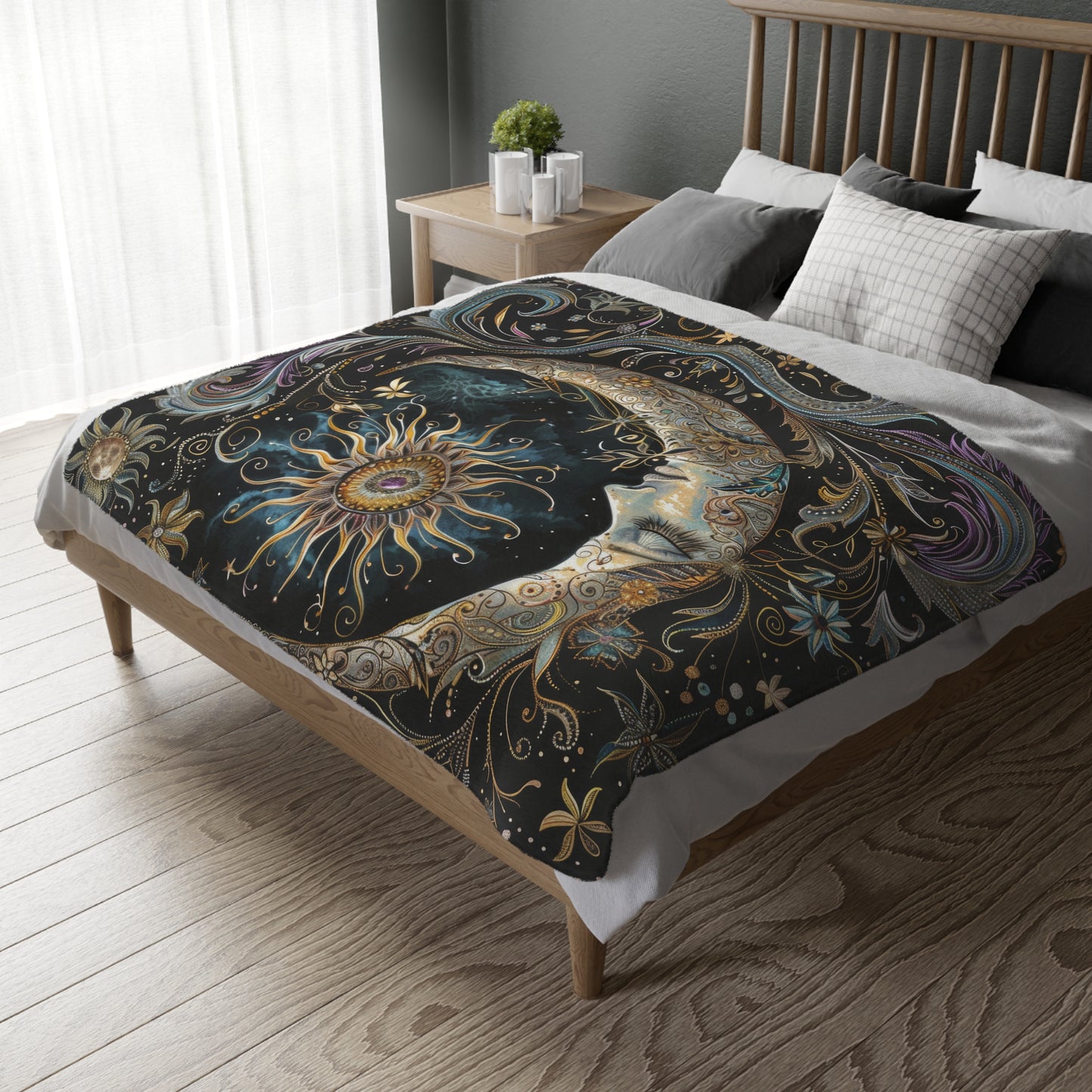 Crescent Moon & Sun Double Sided Throw Blanket, Folk Design, Art Nouveau Aesthetic, Mystical Magical Bedroom, Living, and Dorm Room Decor