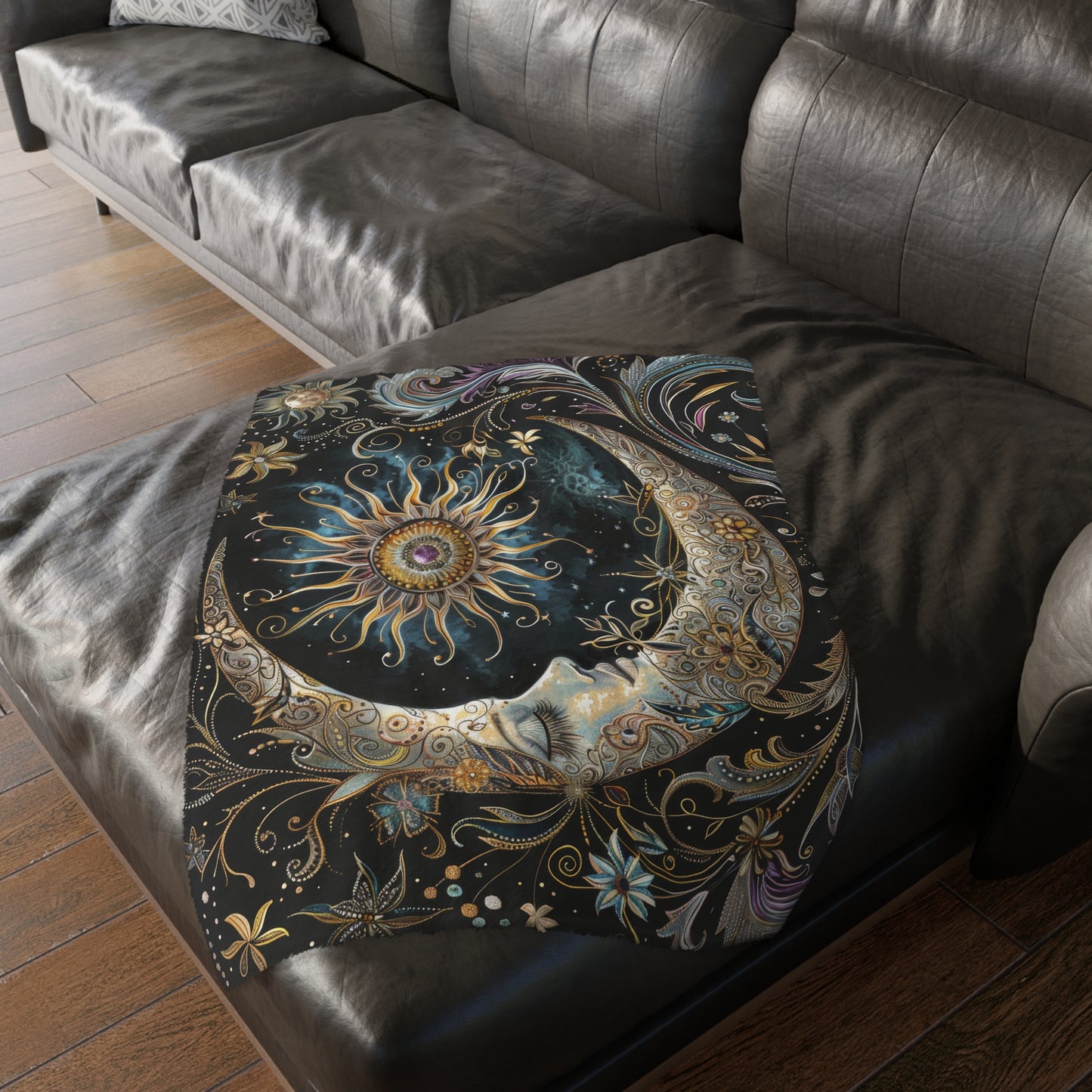 Crescent Moon & Sun Double Sided Throw Blanket, Folk Design, Art Nouveau Aesthetic, Mystical Magical Bedroom, Living, and Dorm Room Decor