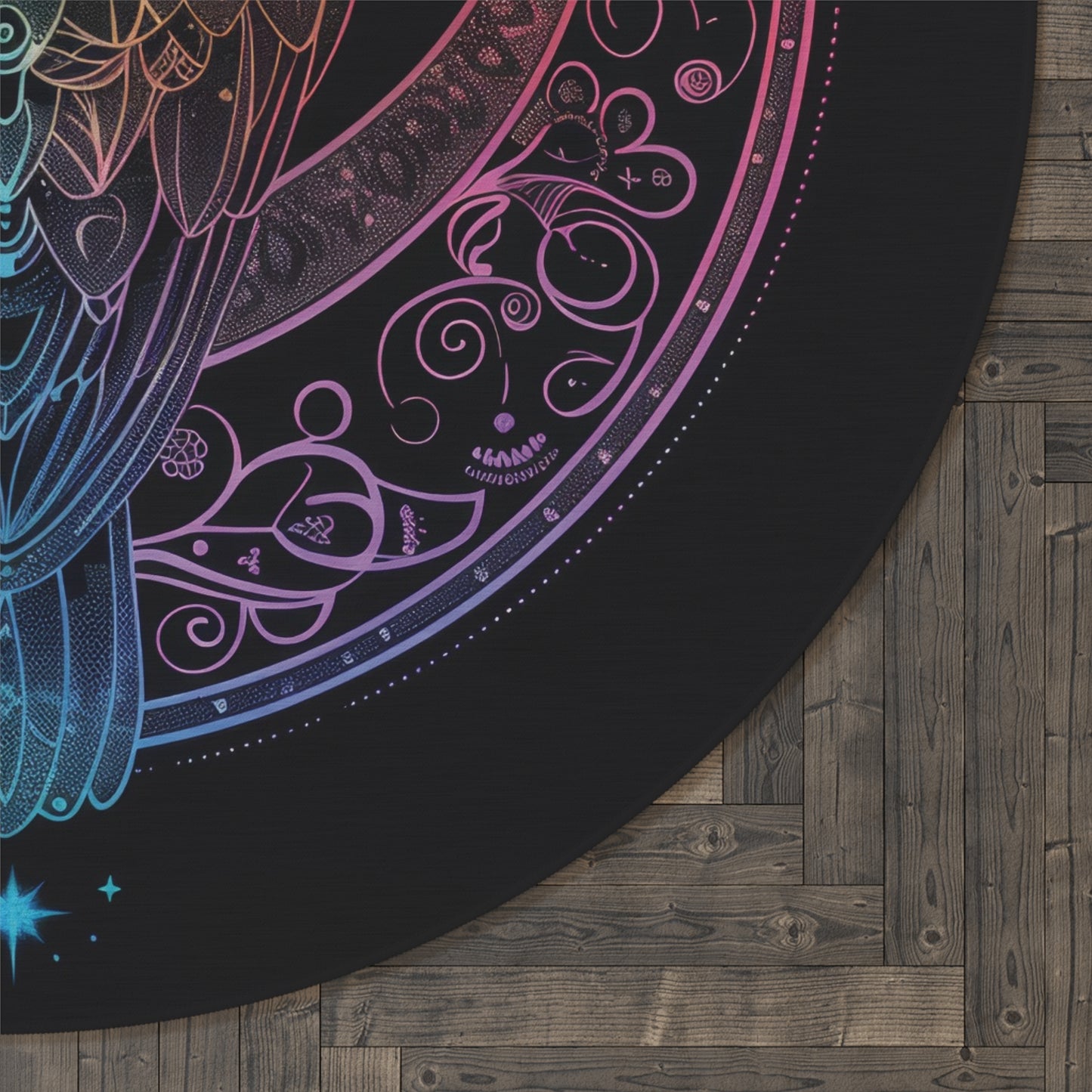 Lunar Sentinel Owl Round Chenille Area Rug, Moonlit Avian Emblem, Cosmic Wisdom Design, Starry Night and Lunar Motif, Mystical Moonlit Decor
