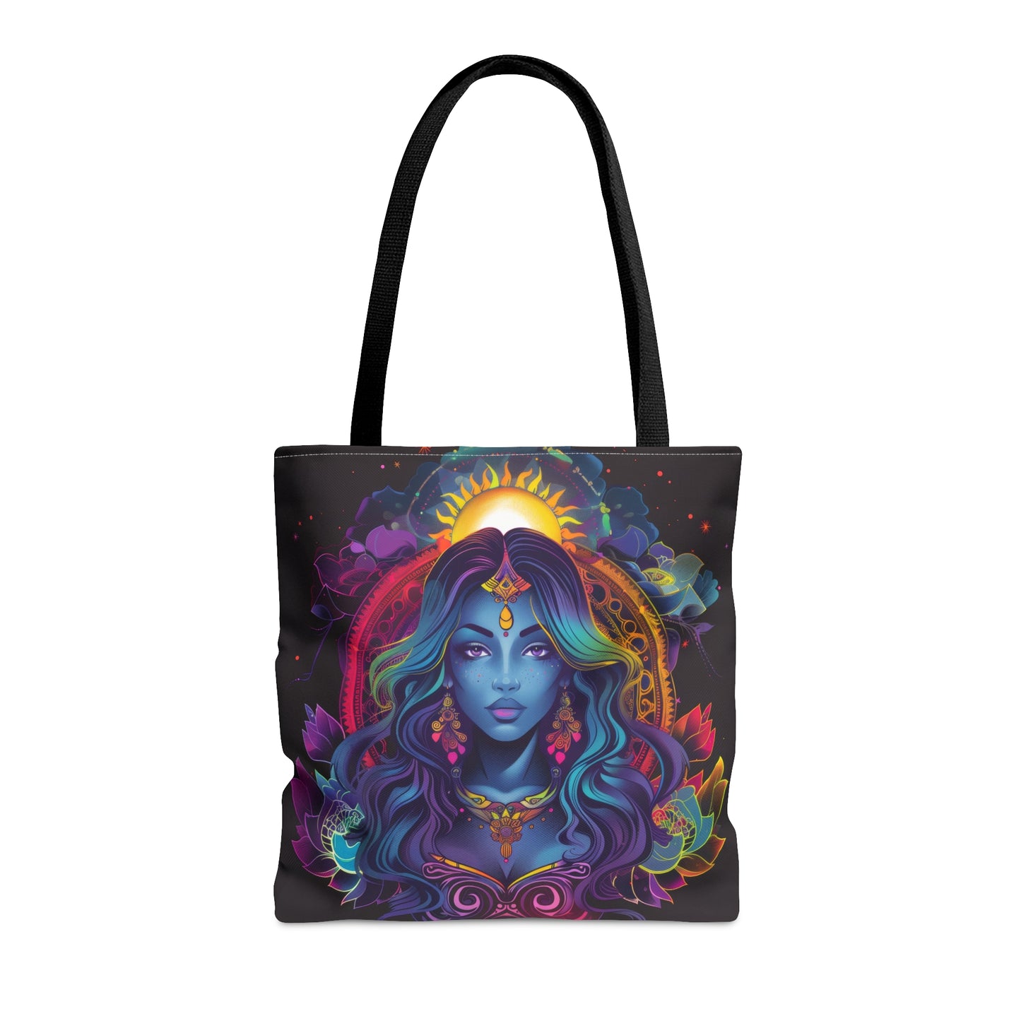 Cosmic Goddess Polyester Tote Bag (Double Sided), Electric Mandala Aesthetic, Galactic Neon Style Fashion, 3 Sizes, Black Handles