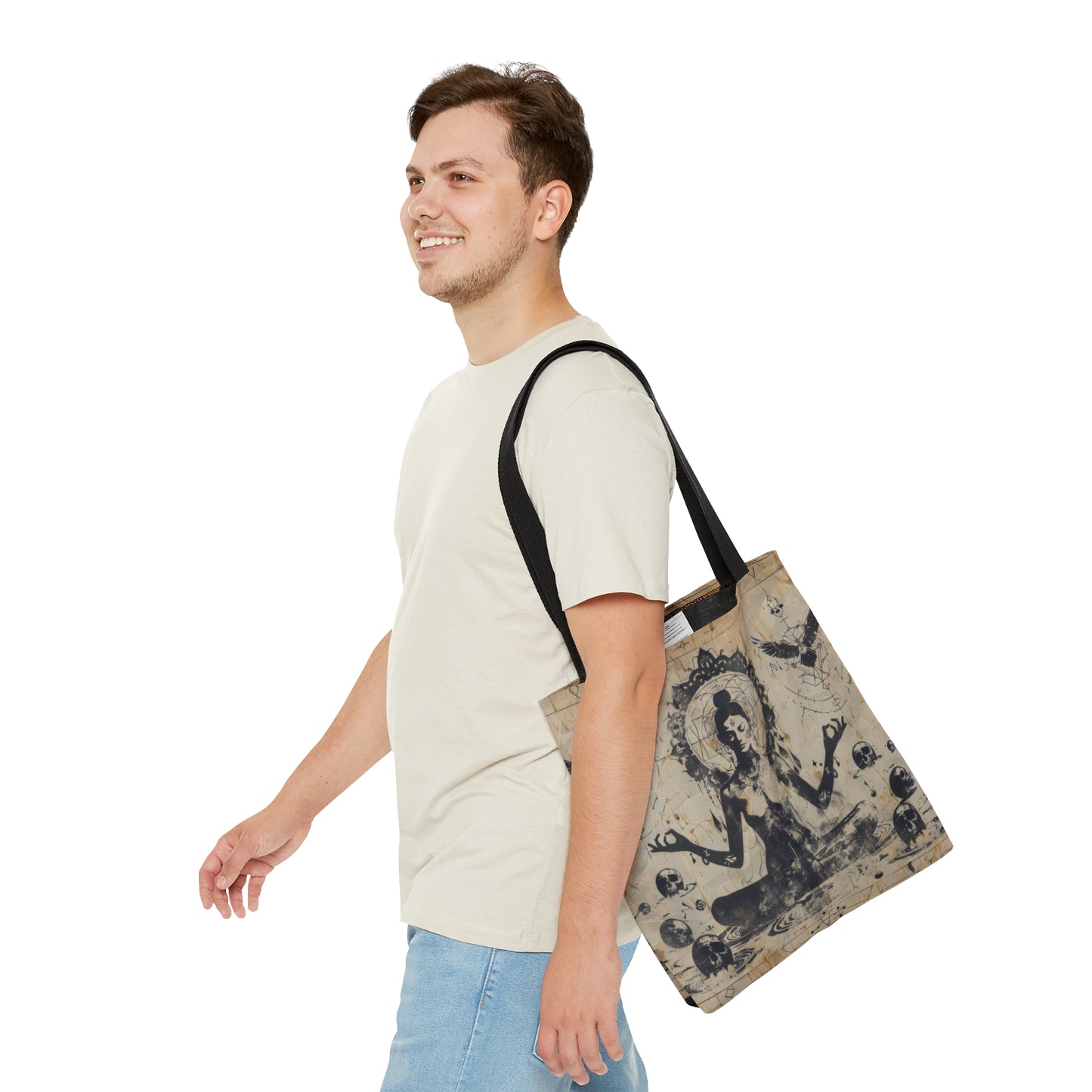 Death Goddess Polyester Tote Bag (Double Sided), Zen Nature Aesthetic, Sacred Geometry Style Fashion, 3 Sizes, Black Handles