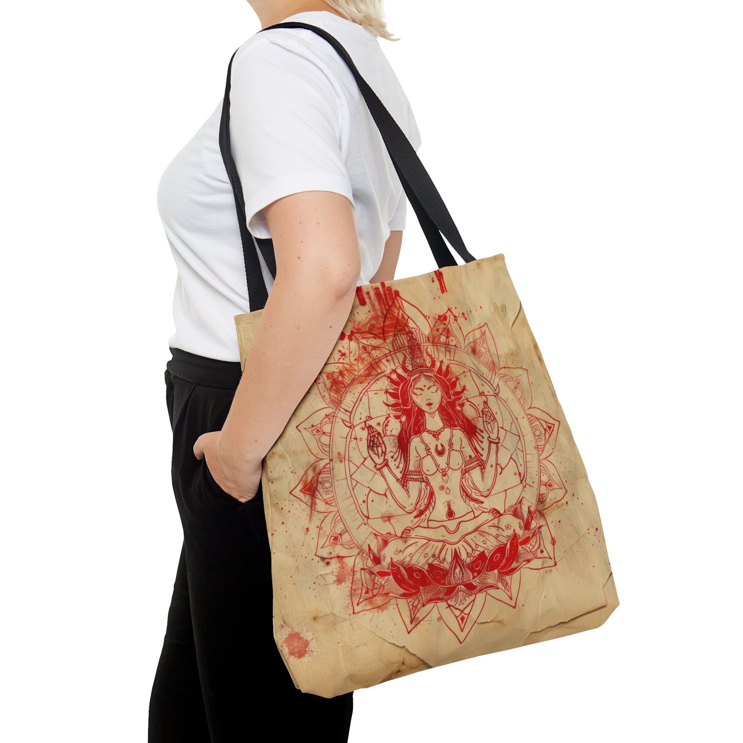 Fire Goddess Polyester Tote Bag (Double Sided), Zen Nature Aesthetic, Sacred Geometry Style Fashion, 3 Sizes, Black Handles