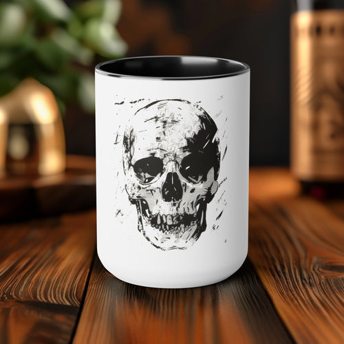 Gothic Skull 15oz Coffee Mug, Striking Two-Tone Design with Black Handle/Interior, Edgy Kitchenware, Perfect for Bold Espresso Lovers
