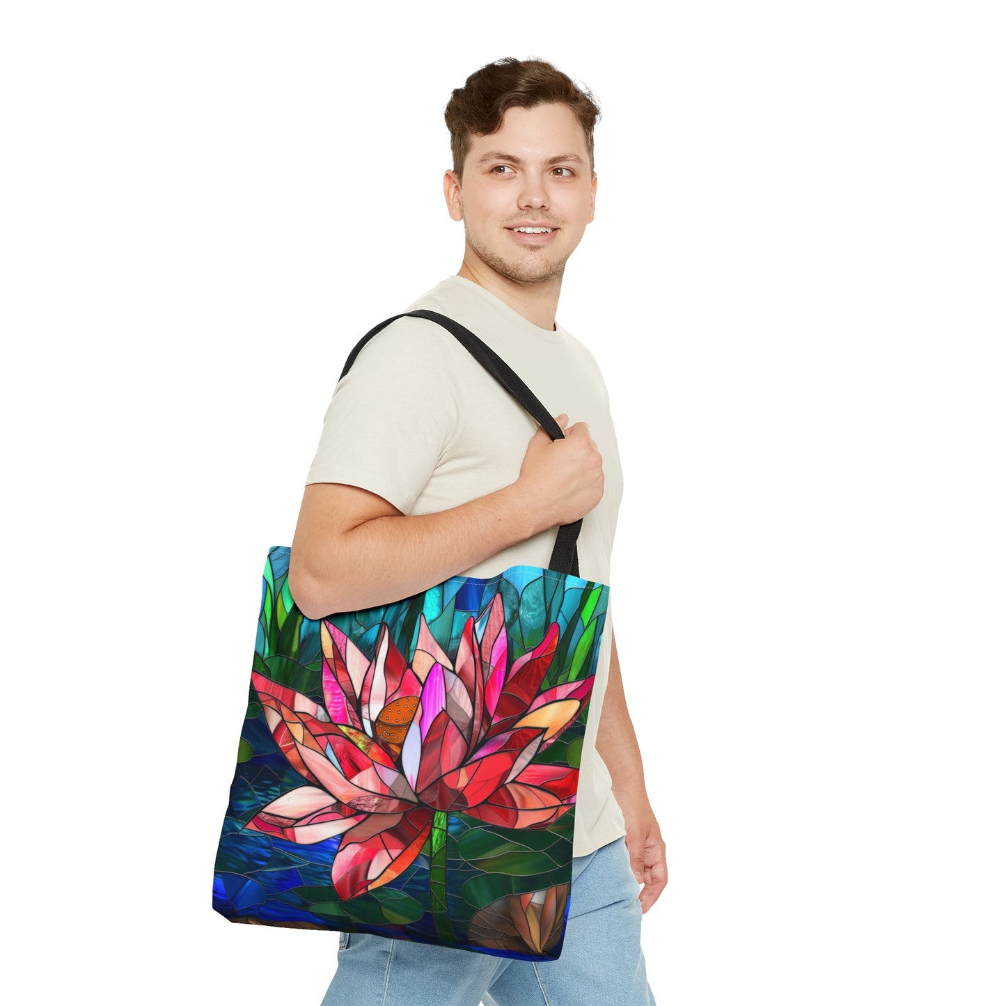 Stained Glass Lotus Elegance Tote Bag with Black Handles, Vibrant Floral Carryall, Chic Accessory for Stylish Outings & Market Visits