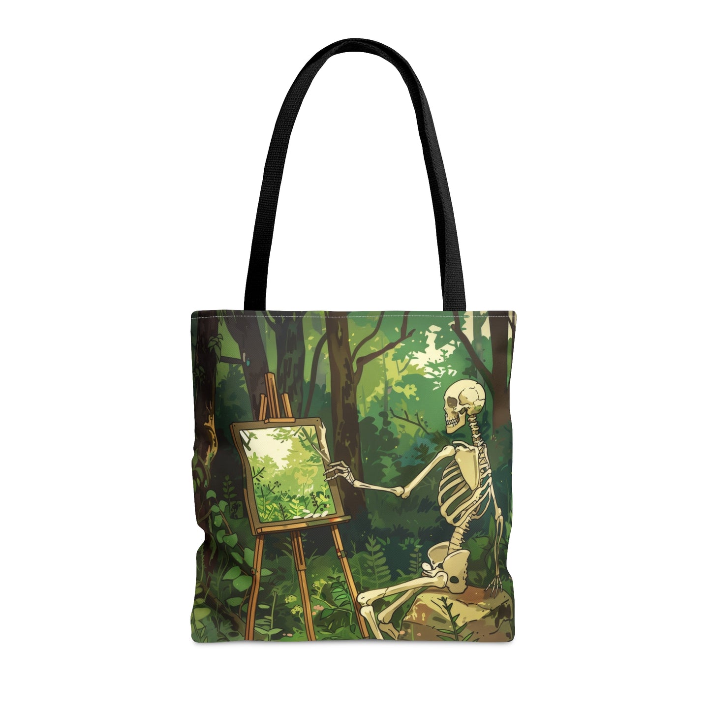 Skeleton Painting Landscape Polyester Tote Bag (Double Sided), Dark Cottagecore Design, Gothic Folk Style Fashion, 3 Sizes, Black Handles
