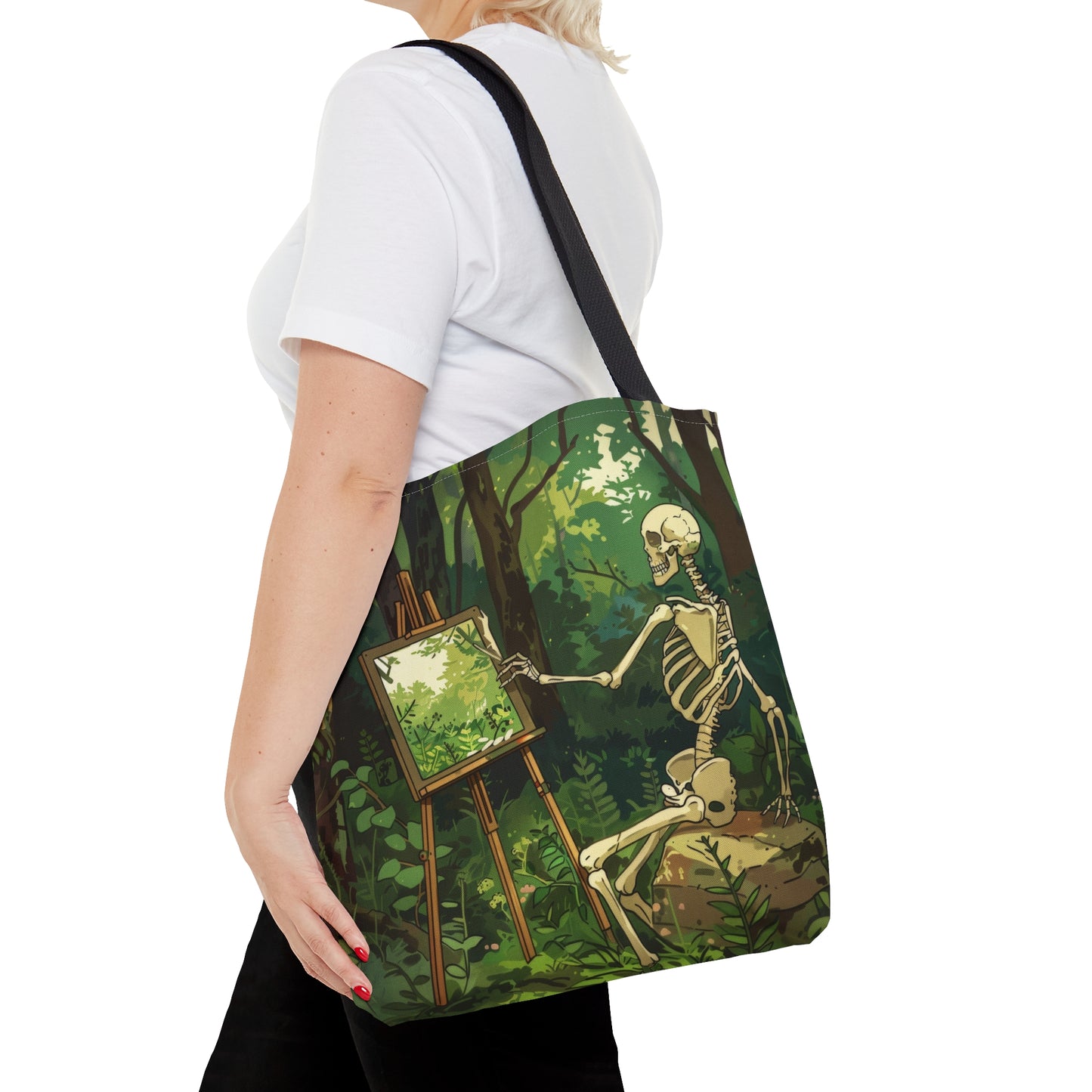 Skeleton Painting Landscape Polyester Tote Bag (Double Sided), Dark Cottagecore Design, Gothic Folk Style Fashion, 3 Sizes, Black Handles