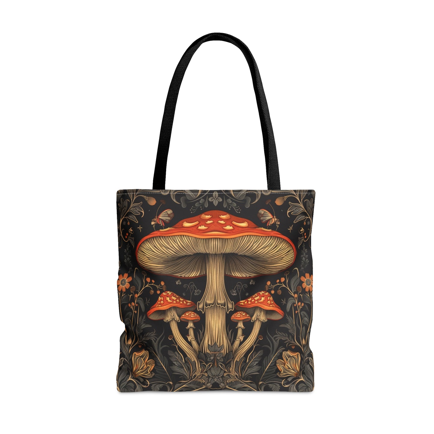 Enchanted Forest Mushroom & Wildflower Polyester Tote Bag (Double Sided) - Dark Cottagecore Charm, 3 Sizes, with Black Handles