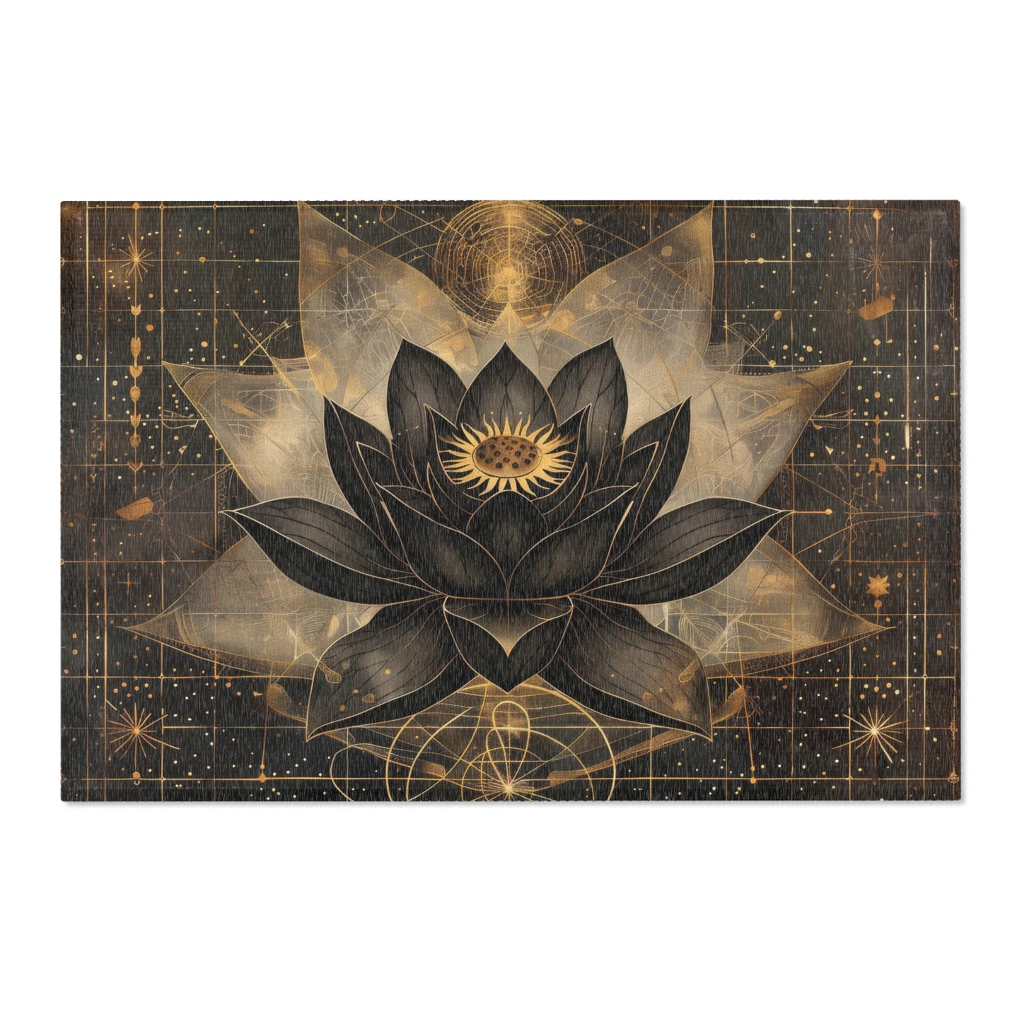 Black Lotus Blossom Polyester Chenille Area Rug (3 Sizes), Sacred Geometry Aesthetic, Dark Occult Bedroom, Living Room & Dorm Room Decor