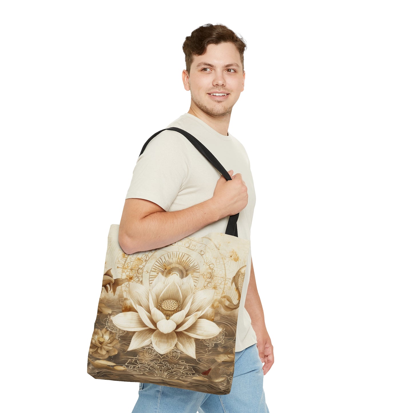 White Lotus Blossom Double Sided Tote Bag, Ancient Occult Aesthetic, Zen Nature Fashion Style, 3 Sizes, Black Handles