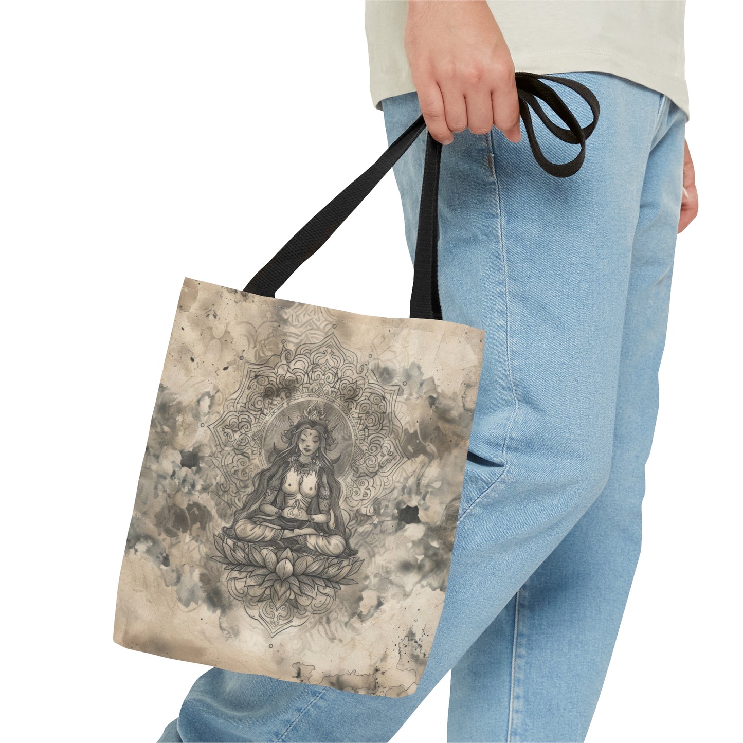 Air Goddess Polyester Tote Bag (Double Sided), Zen Nature Aesthetic, Sacred Geometry Style Fashion, 3 Sizes, Black Handles