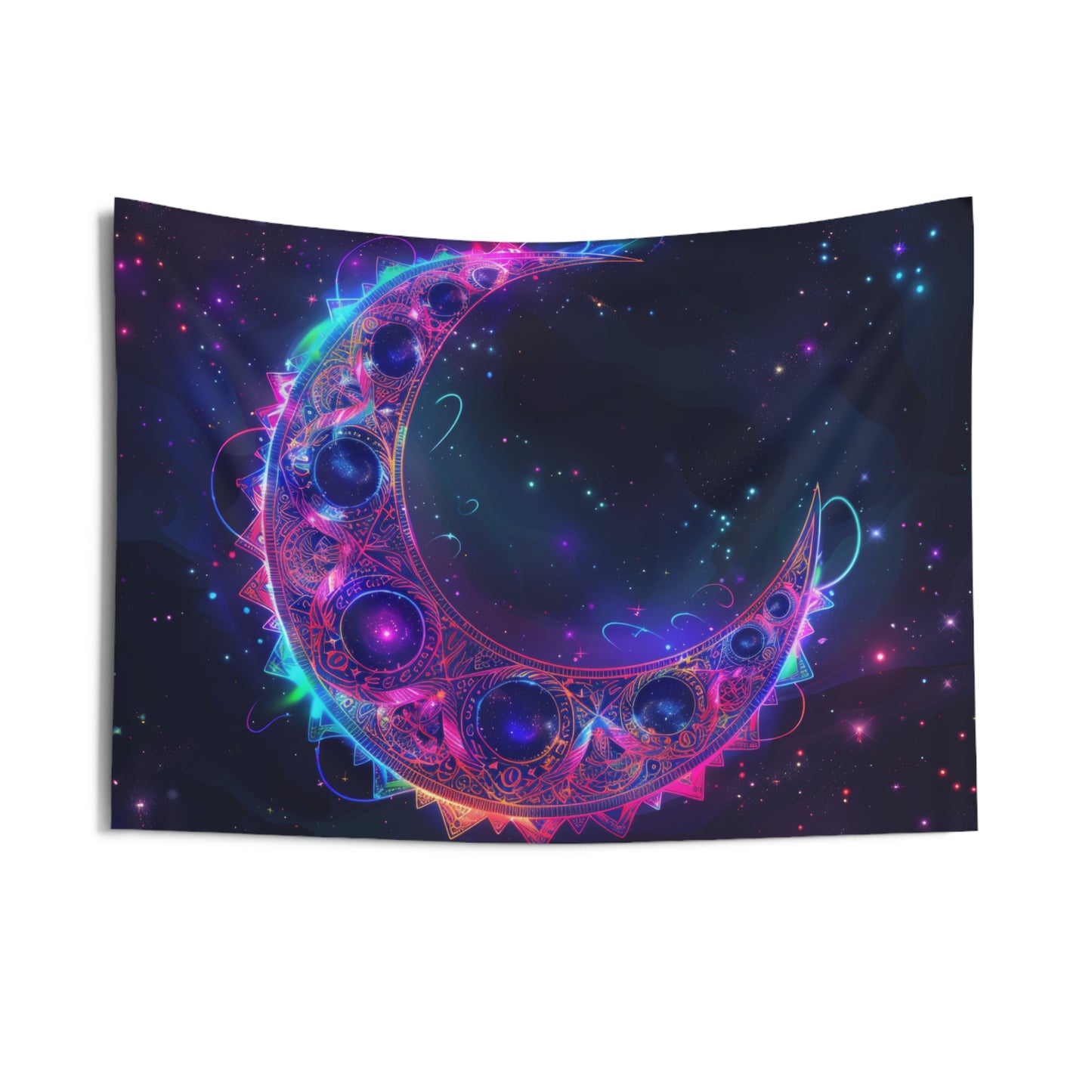 Vibrant Crescent Moon & Electric Mandala Wall Tapestry – Cosmic Harmony Decor for Home & Dorm
