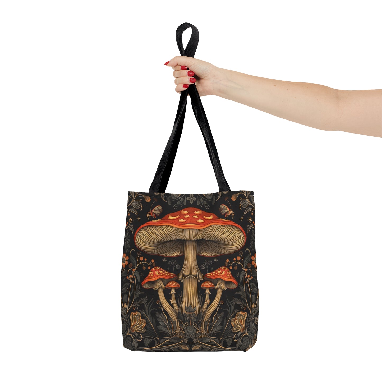 Enchanted Forest Mushroom & Wildflower Polyester Tote Bag (Double Sided) - Dark Cottagecore Charm, 3 Sizes, with Black Handles