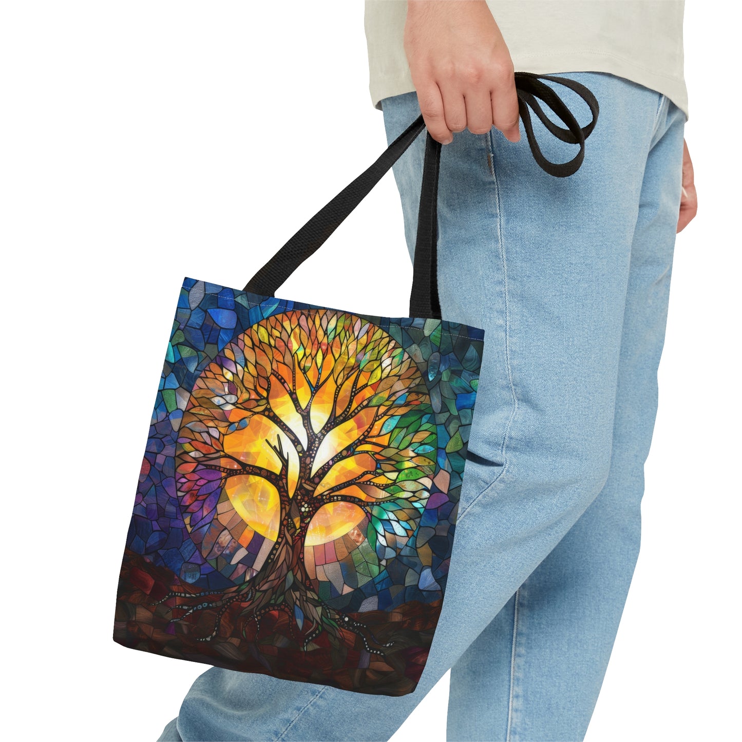 Tree of Life Stained Glass Art Tote Bag with Black Handles, Enchanting Nature Design, Multipurpose Bag for Everyday Elegance & Shopping