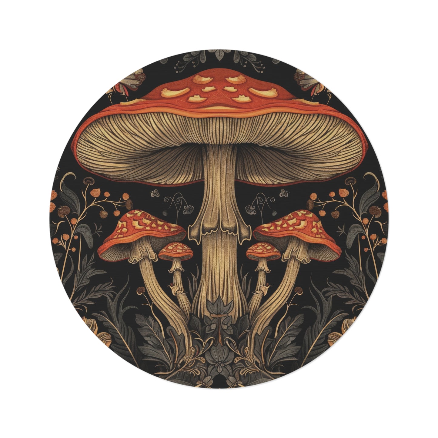 Mushrooms & Wildflowers Chenille Round Area Rug, Mystical Folk Design, Dark Cottagecore Bedroom, Living and Meditation Space Decor