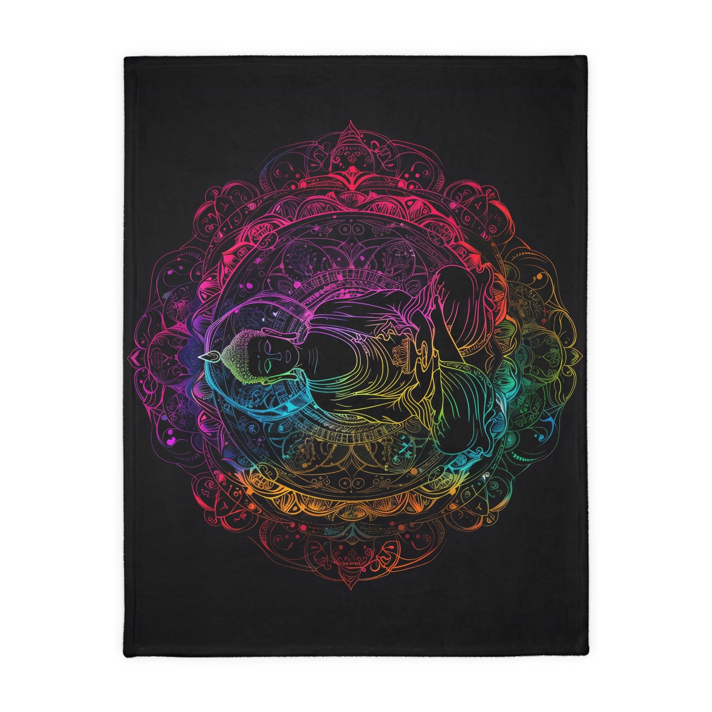 Buddha's Serene Mandala Double-Sided Throw Blanket, Neon Enlightenment Motif, Spiritual Radiance, Zen Circle Design, Vibrant Meditation Art