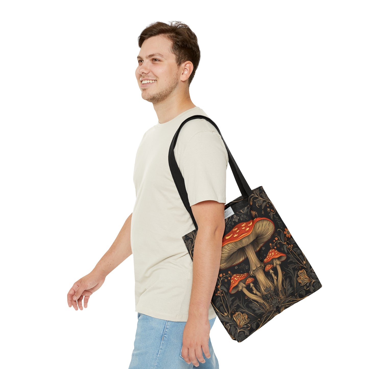 Enchanted Forest Mushroom & Wildflower Polyester Tote Bag (Double Sided) - Dark Cottagecore Charm, 3 Sizes, with Black Handles