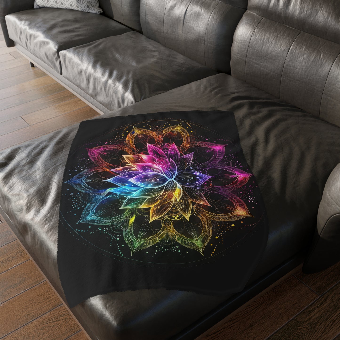 Luminous Lotus Double-Sided Throw Blanket, Vibrant Energy Motif, Radiant Floral Mandala, Cosmic Bloom Design, Ethereal Color Spectrum Art