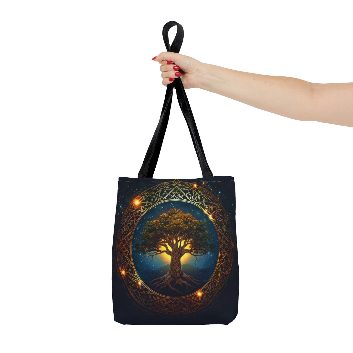 Celtic Tree of Life Mandala Double Sided Tote Bag, Ancient Occult Aesthetic, Folk Nature Fashion Style, 3 Sizes, Black Handles