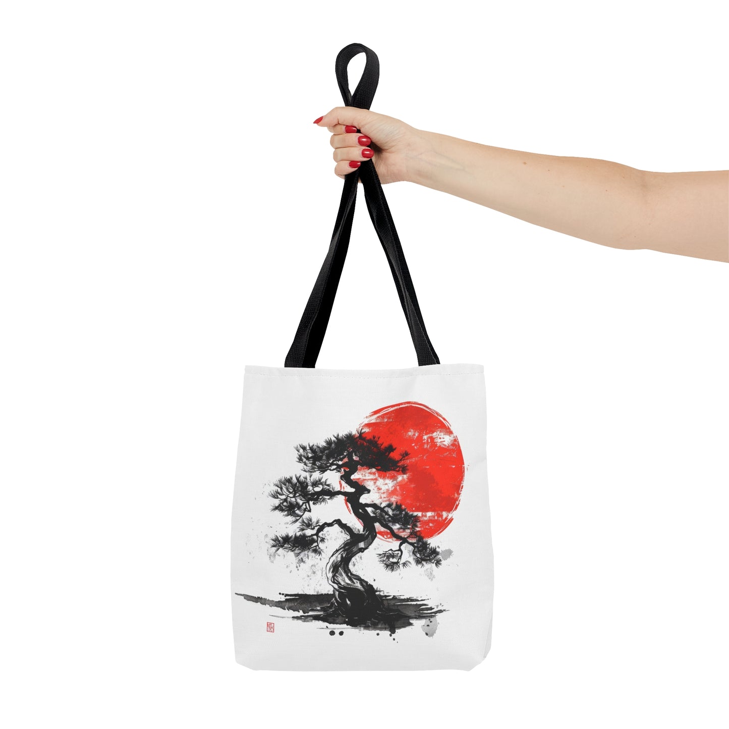 Traditional Chinese Bonsai & Red Sun Tote Bag (3 Sizes), Elegant Ink Wash Style Art, Serene Zen Fashion Style, Black Handles, Minimalist Aesthetic