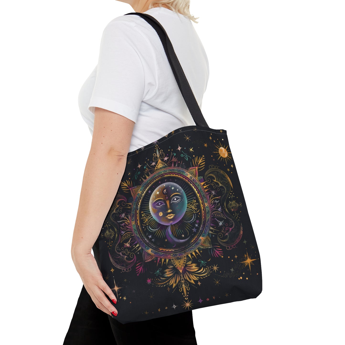 Rainbow Sun Electric Mandala Polyester Tote Bag (Double Sided), Colored Chalk Style, Sacred Geometry Designed Fashion, 3 Sizes, Black Handles
