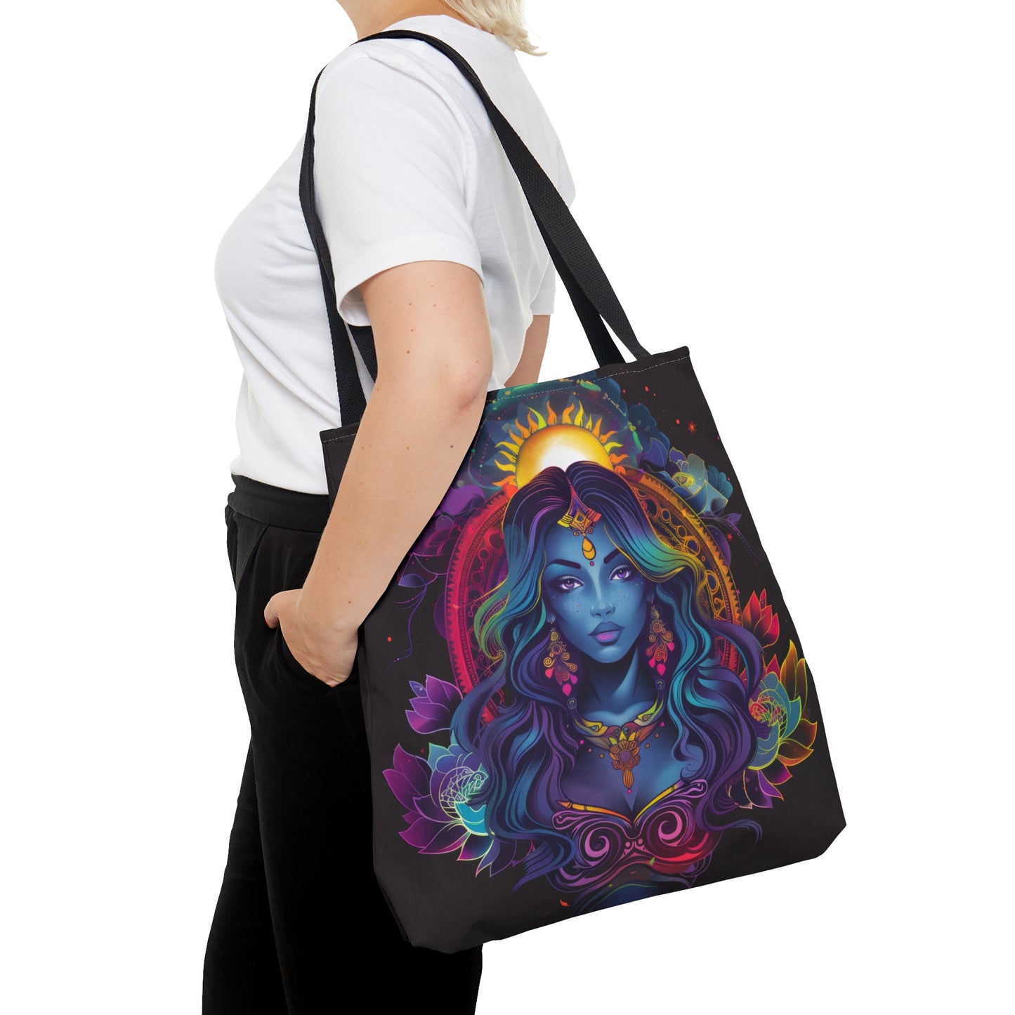 Cosmic Goddess Polyester Tote Bag (Double Sided), Electric Mandala Aesthetic, Galactic Neon Style Fashion, 3 Sizes, Black Handles