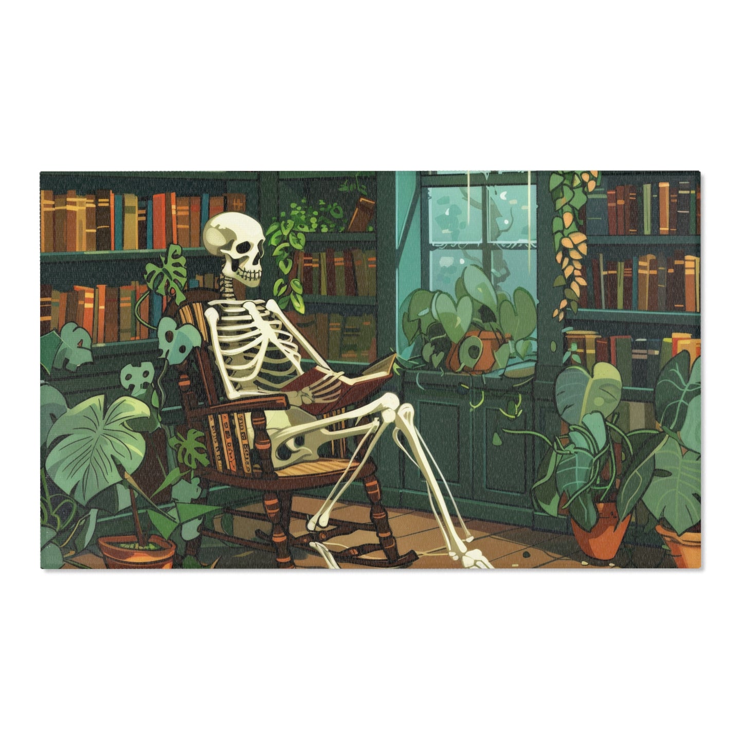 Skeleton Reading in Library Chenille Area Rug (3 Sizes), Cottagecore Design, Gothic Folk Aesthetic Bedroom, Living, and Dorm Room Decor