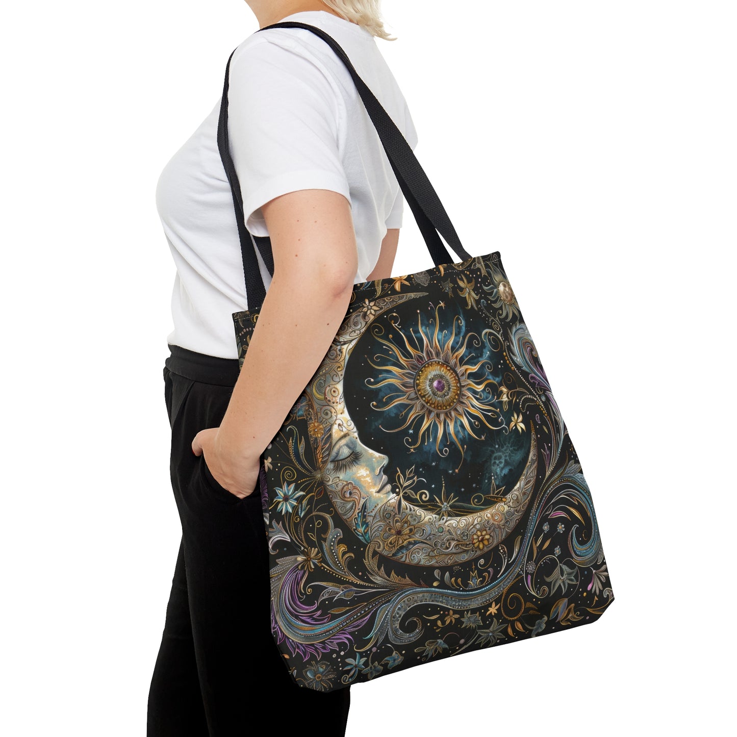 Crescent Moon & Sun Polyester Tote Bag (Double Sided), Art Nouveau and Mystical Folk Inspired, Available in 3 Sizes with Black Handles