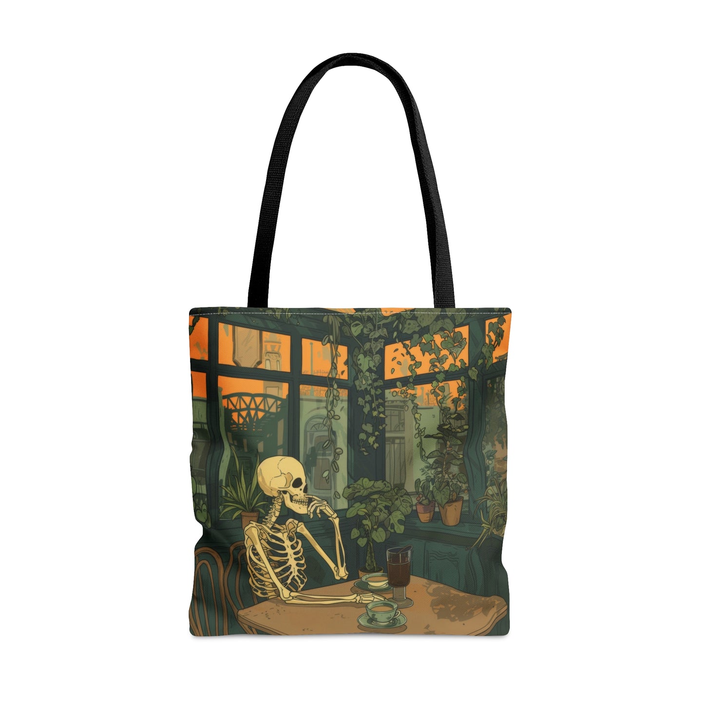 Skeleton Drinking Coffee in Paris Cafe Polyester Tote Bag (Double Sided), Cottagecore Design, Cozy Romantic Style Fashion, 3 Sizes, Black Handles