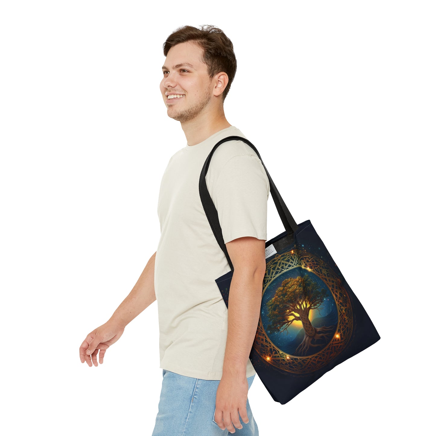 Celtic Tree of Life Mandala Double Sided Tote Bag, Ancient Occult Aesthetic, Folk Nature Fashion Style, 3 Sizes, Black Handles