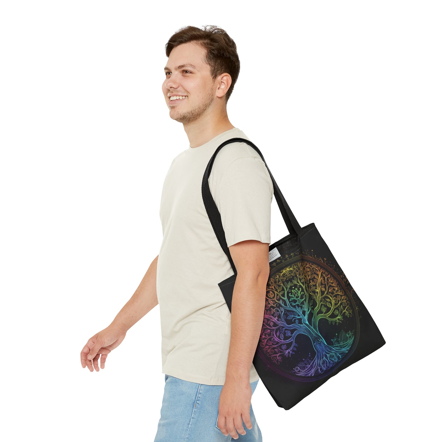 Mystic Arbor Double-Sided Tote Bag, Enchanted Tree of Life Motif, Magical Spectrum Design, Folklore Forest Decor, Radiant Nature Accessory