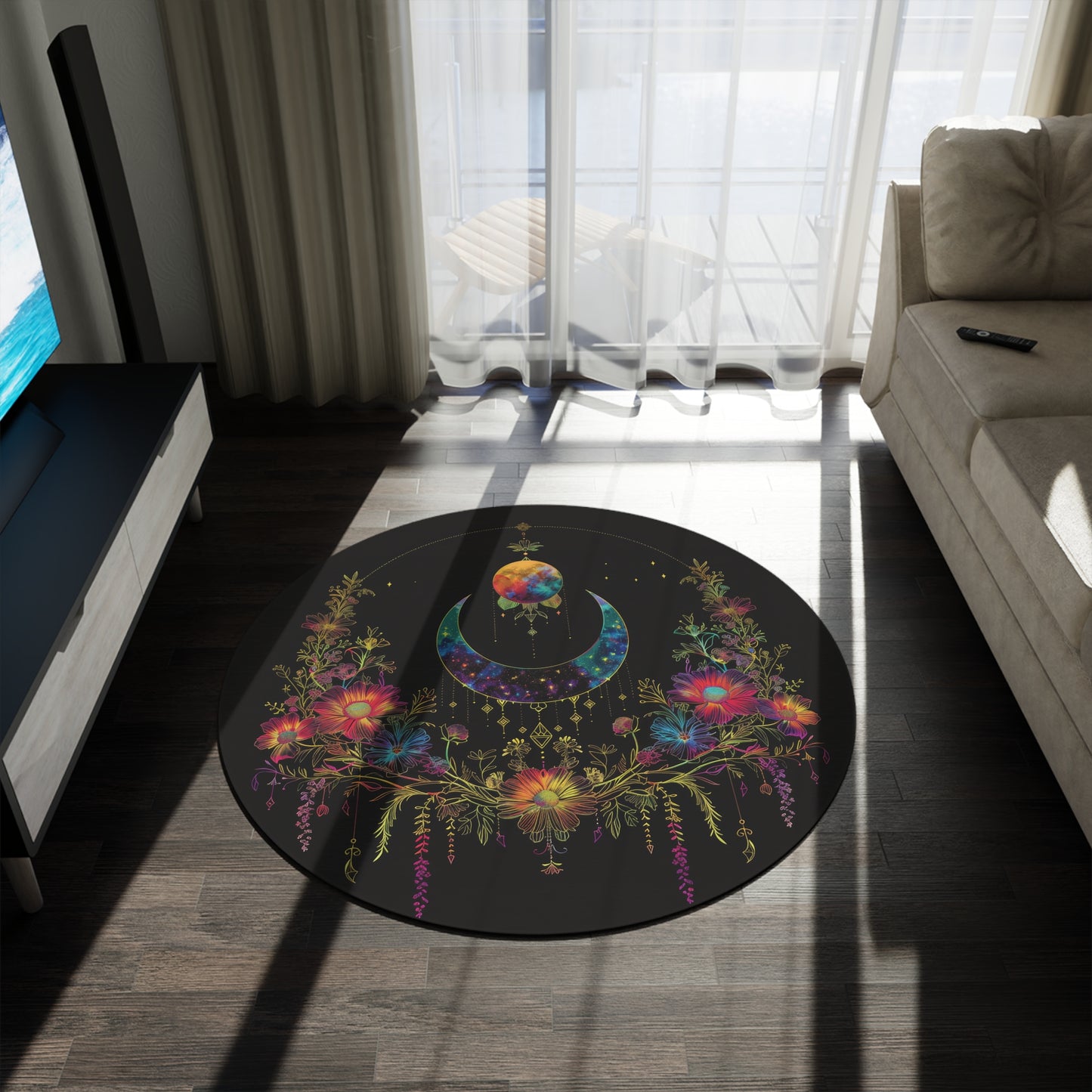 Celestial Garden Round Chenille Area Rug, Cosmic Bloom Aesthetic, Moonlit Floral Symphony, Starlit Wilderness Design, Galactic Botanical Decor