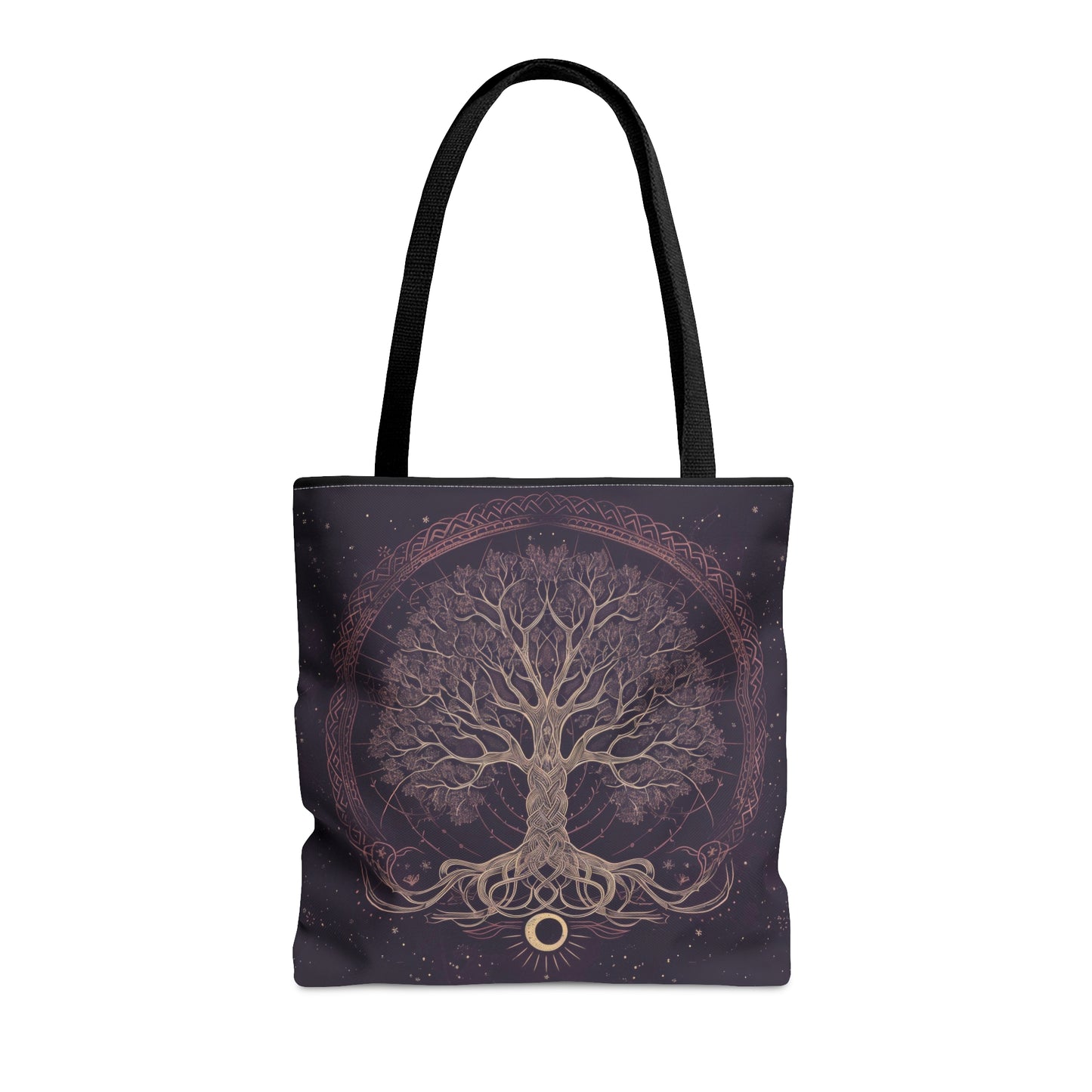 Mystic Purple Tree of Life Mandala Tote Bag – Dark Occult and Nature-Inspired Fashion, with Black Handles