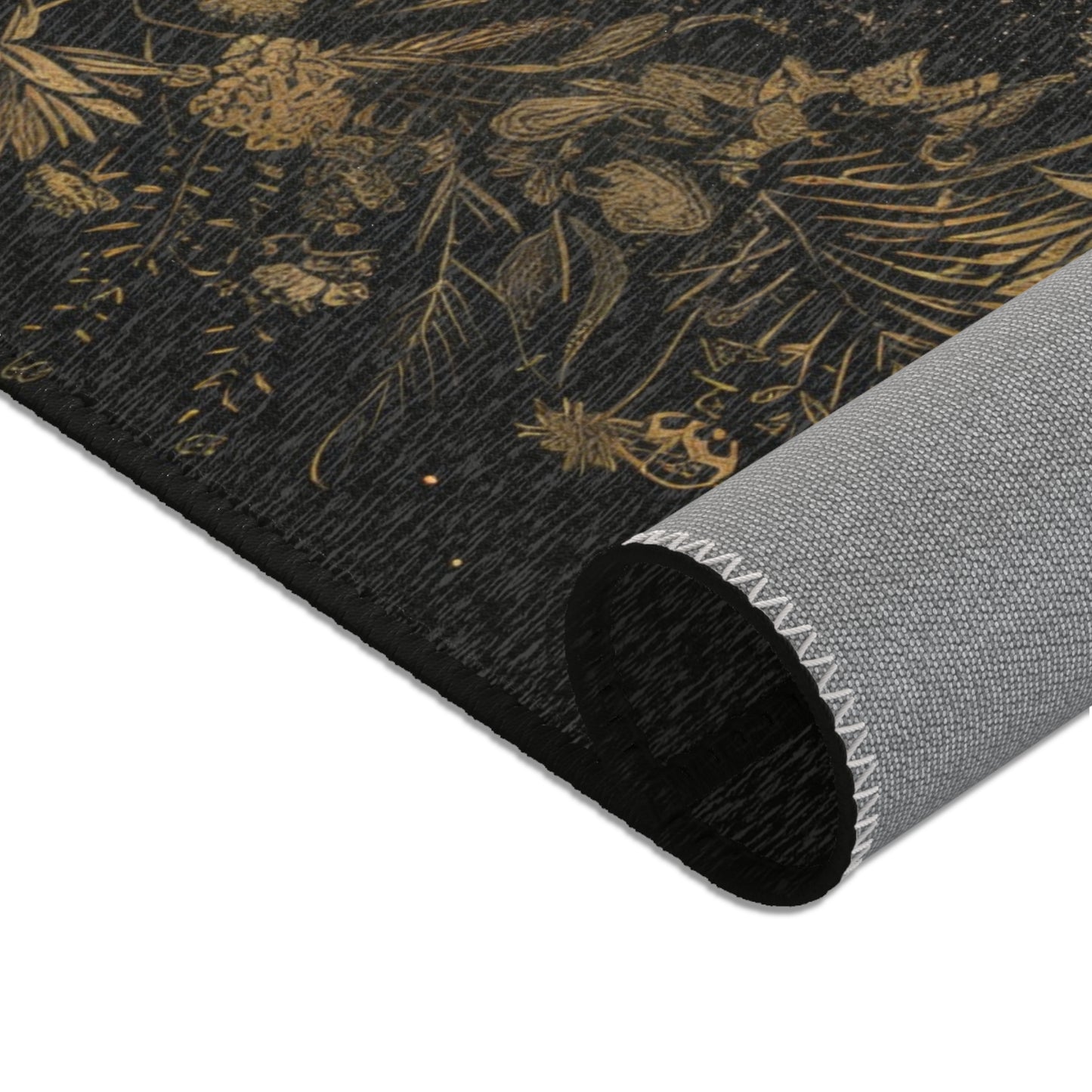 Gold Crescent Moon & Wildflower Mandala Polyester Chenille Area Rug (3 Sizes), Dark Cottagecore Design, Witchy Lunar Aesthetic Room Decor