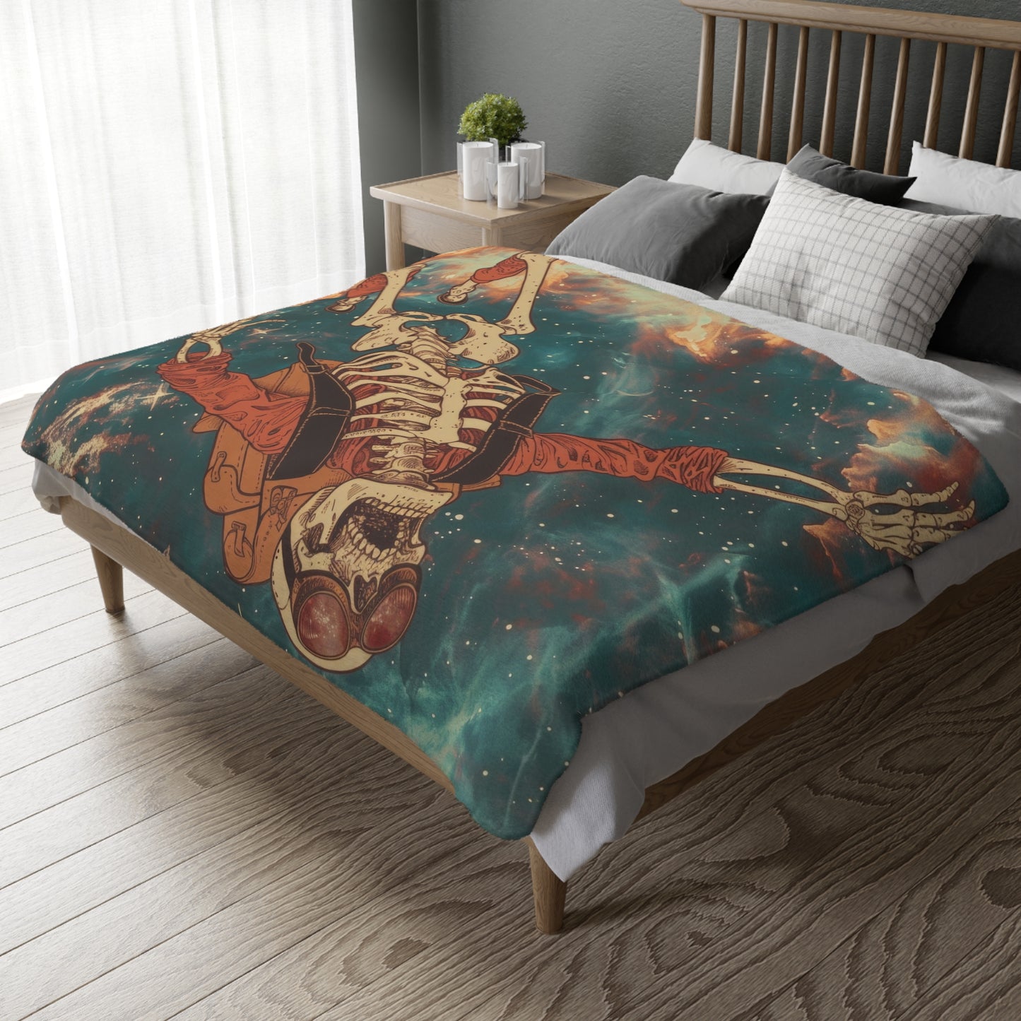 Sky Diving Skeleton Double Sided Throw Blanket (3 Sizes), Dark Cottagecore Design, Gothic Street Art Aesthetic Bedroom, Living, and Dorm Room Decor