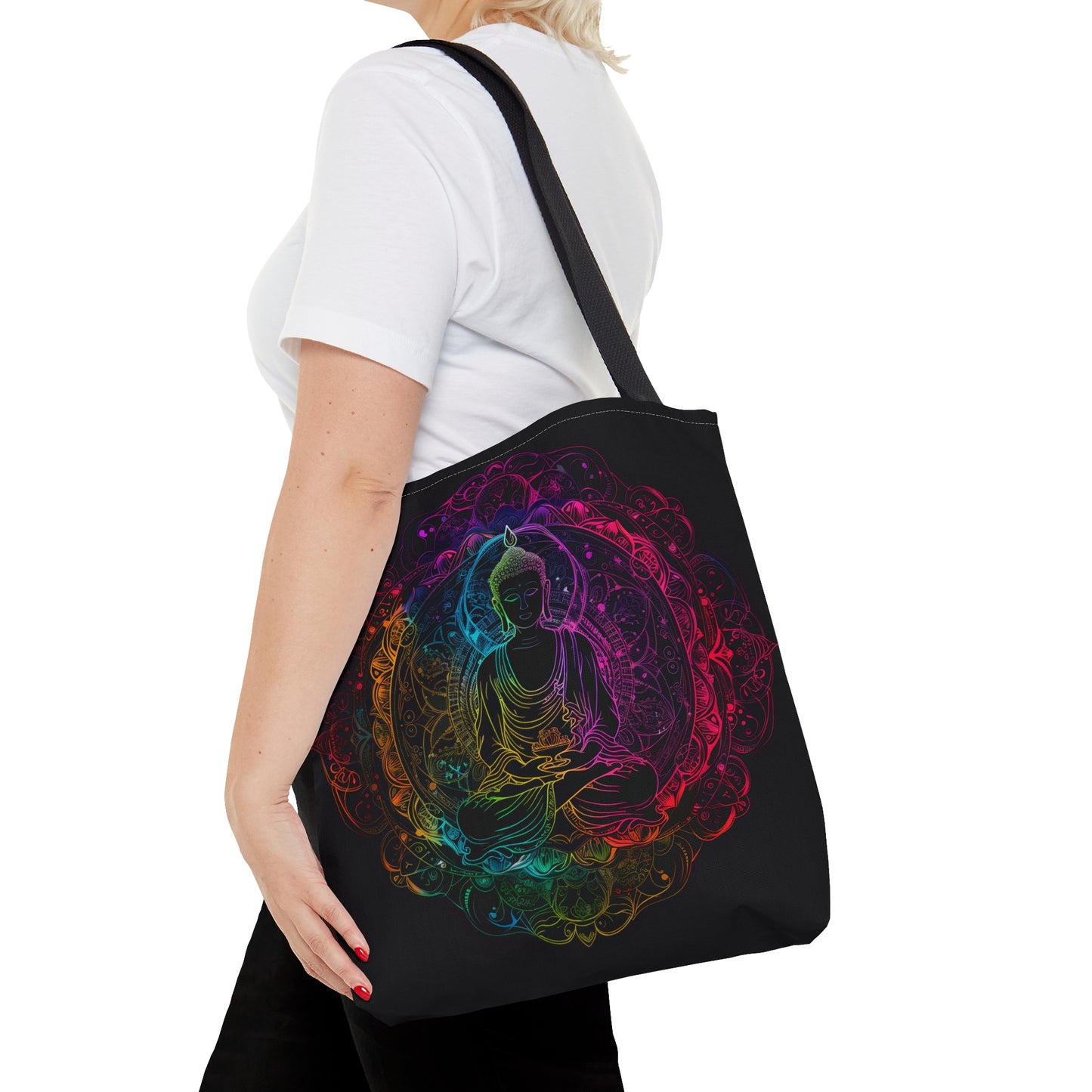 Buddha's Serene Mandala Double-Sided Tote Bag, Neon Enlightenment Motif, Spiritual Radiance, Zen Circle Design, Vibrant Meditation Accessory